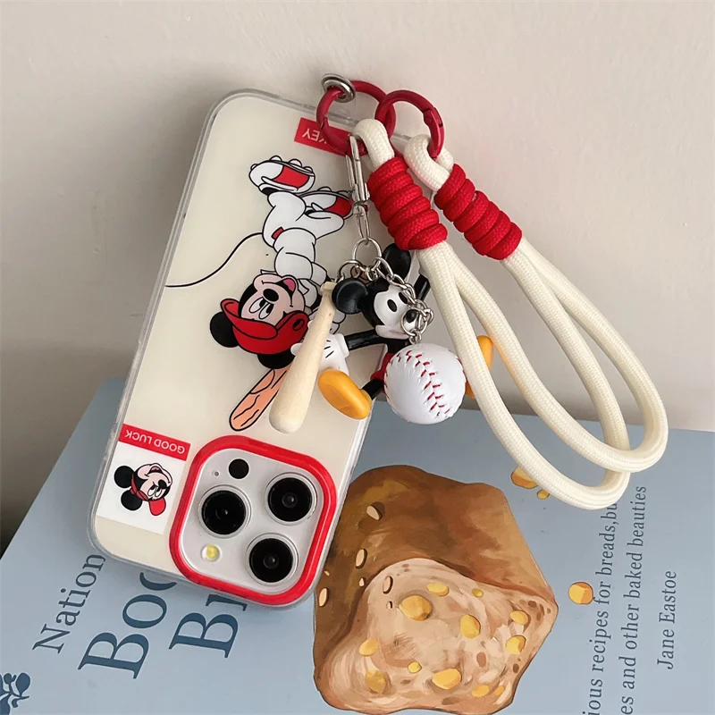 Funda de teléfono anticaída con cordón de Mickey de béisbol de dibujos animados de Disney para iPhone 13 14 12 15 Pro Max Y2K llavero de béisbol de Mickey
