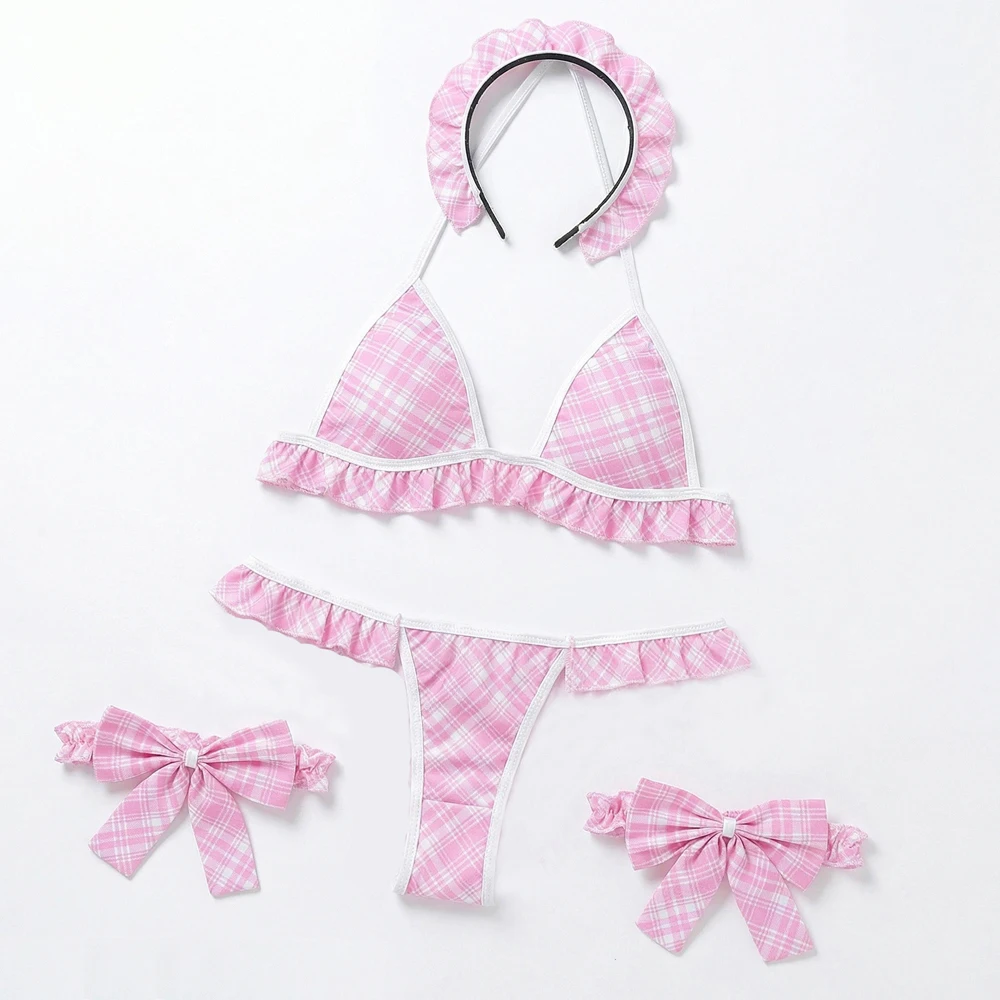 

AniLV Anime Lolita Girl Plaid Bikini Underwear Maid Uniform Sexy Lingerie Women Temptation Erotic Outfit Cosplay Costumes