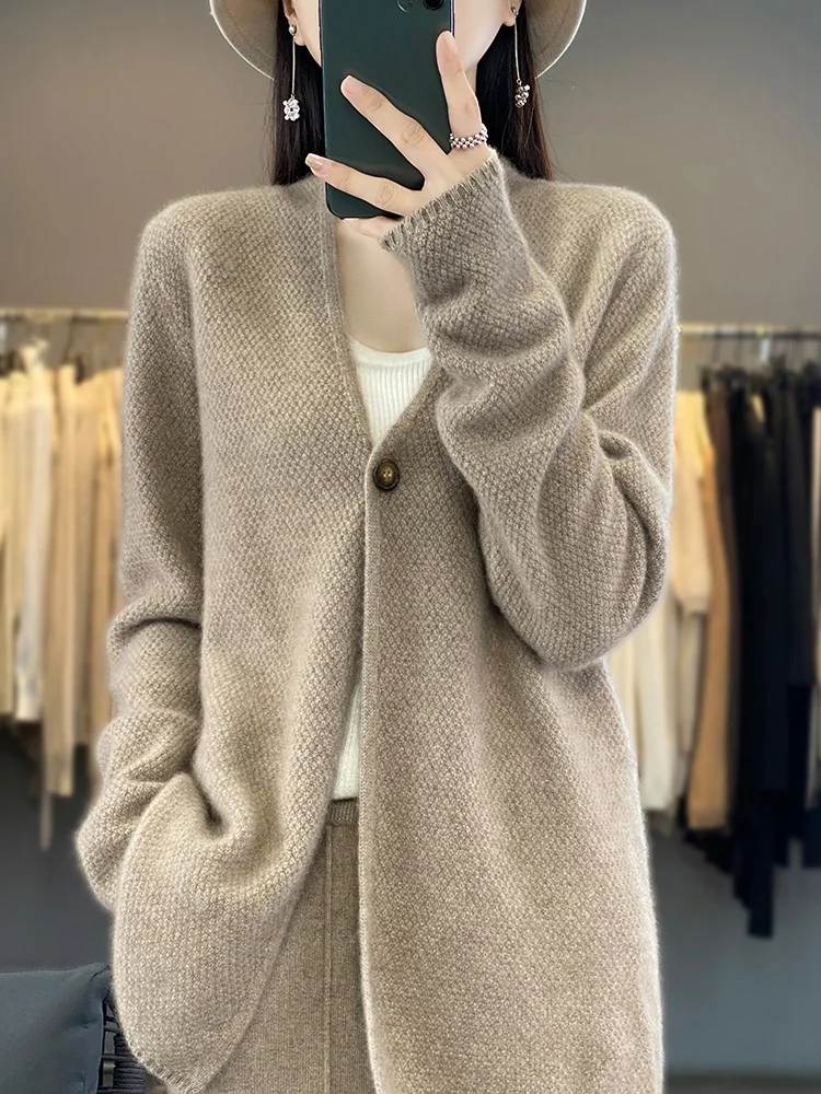 Women V-neck Cardigan Autumn Winter 100% Merino Wool Sweater Vintage Twist Flower Long Sleeve Knitwear Korean Fashion Tops