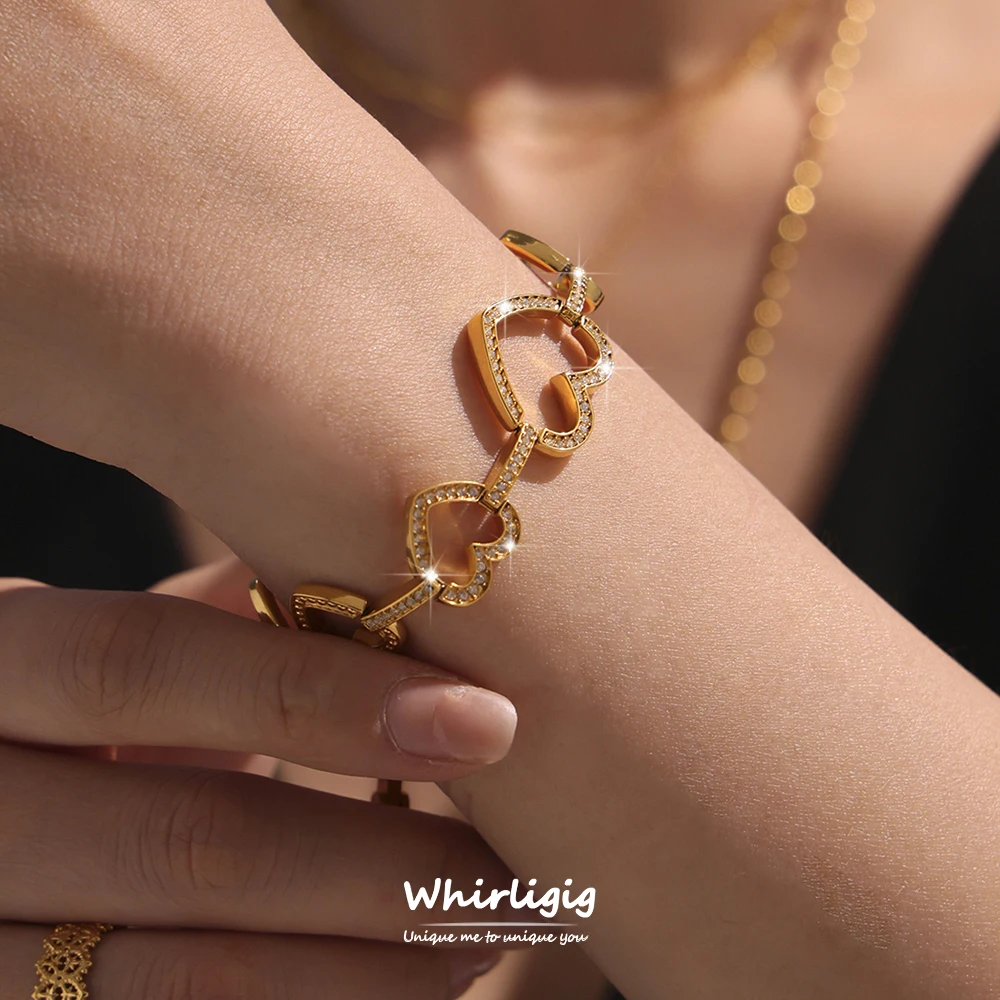

Heart Round Designer Shiny Zircon Stainless Steel Gold Plated Bracelet for Women Waterproof Charm Luxury Jewelry Gift