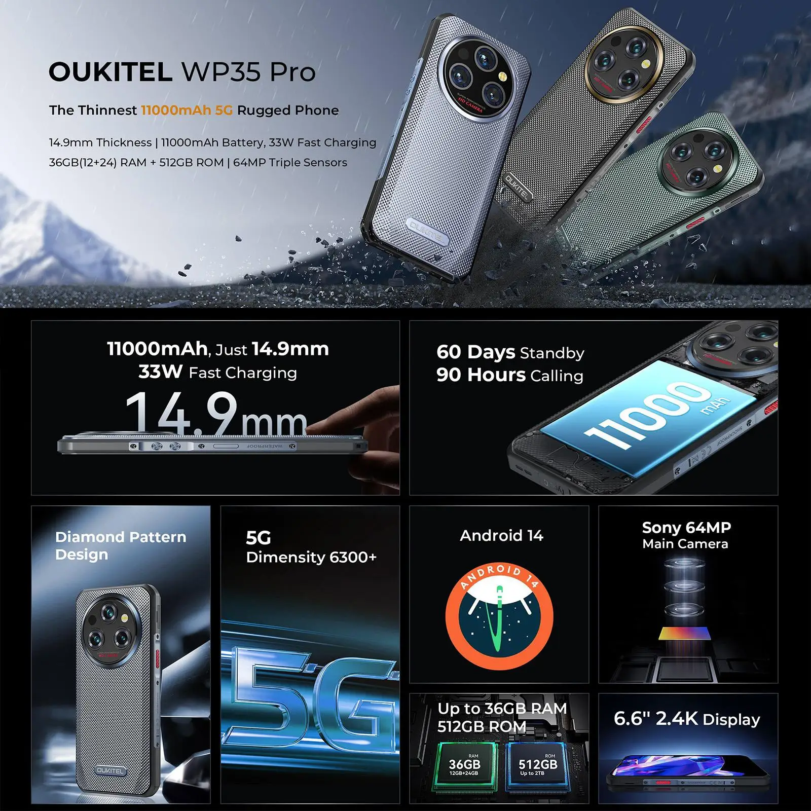 Oukitel WP35 Pro 5G هاتف متين 12GB + 512GB 6.6 بوصة أندرويد 14 11000mAh بطارية 64MP MediaTek الأبعاد 6300 NFC الهاتف الذكي