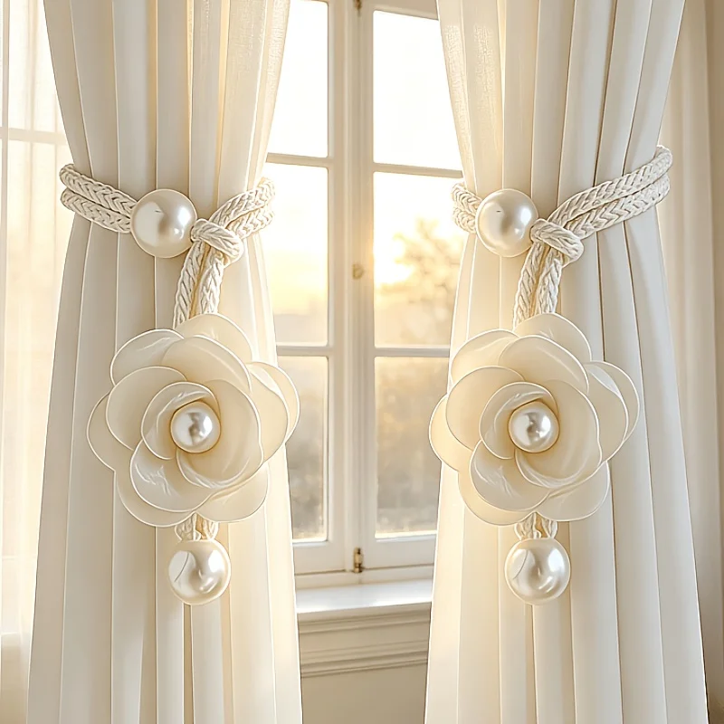2pcs Bohemian Style 3D Floral Curtain Tie-Backs, Pearl Embellished Adjustable Curtain Clips, Light Luxury Home Drapery Bundles