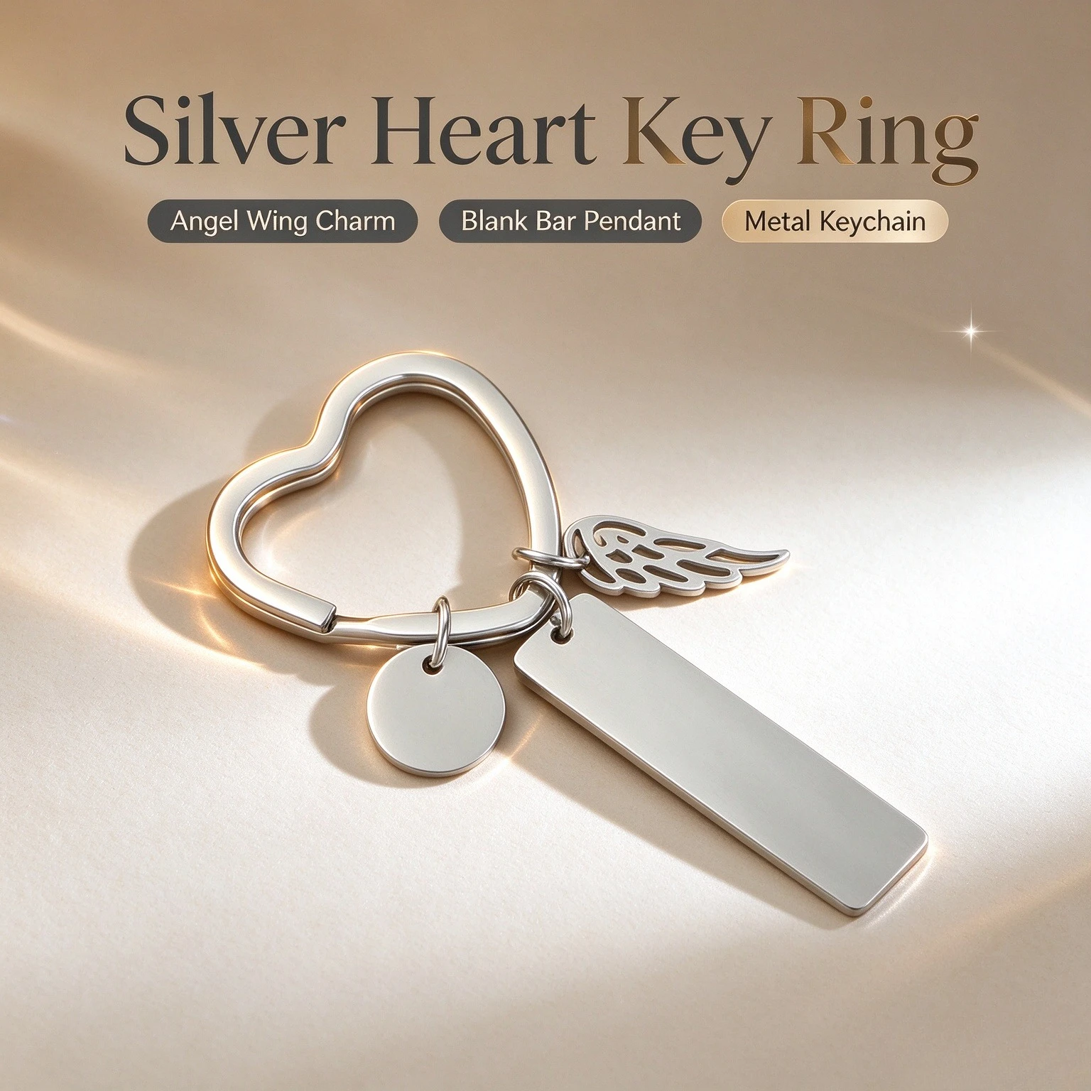 Heart Shape Key Ring with Angel Wing Charm Blank Round Disc Pendant Custom Engravable Metal Keychain Bag Charm Gift for Women