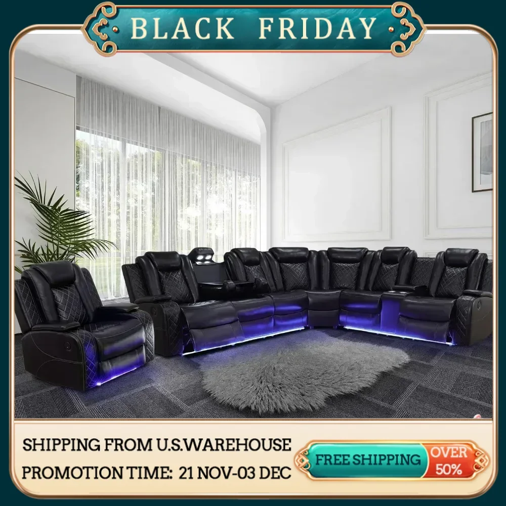 

Power Recliner Sofa Sectional Couches with LED Light for Living Room,Leather Reclining Corner Sectional Sofa Set with 3Recliner