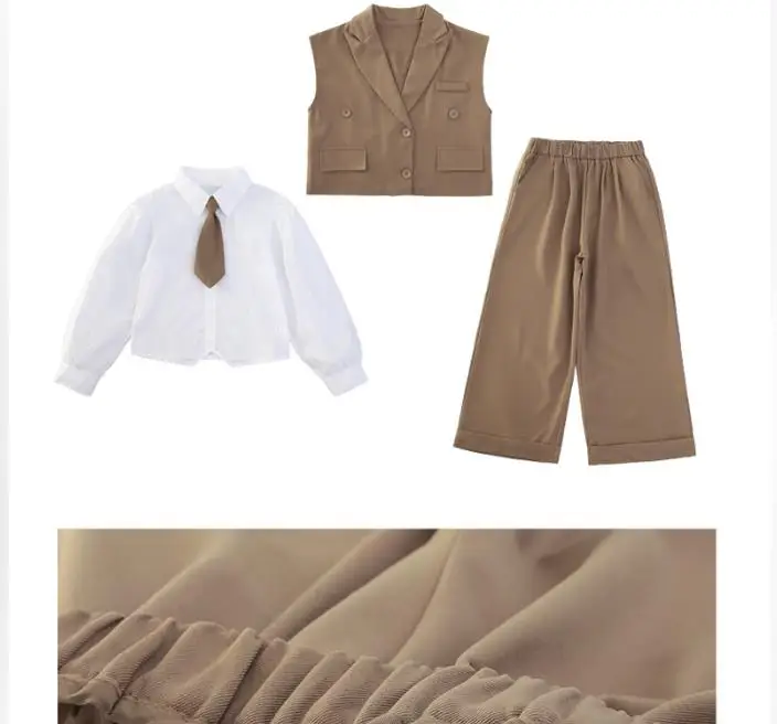 Fashion Junior Girls Clothes Set Suit Vest+White Shirt+Wide Leg Pants+belt 4pcs Teenage Kids suit Children Outfits
