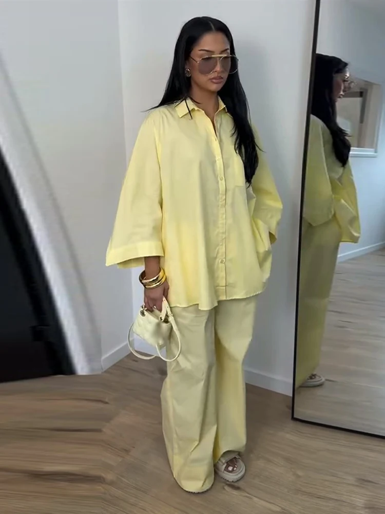 Elegante Damen-Hosenanzüge mit Revers: Oversized Hemd, Langarm-Bluse mit Knopfleiste, Weite Hose, Schickes Einfarbiges Outfit – Detail 22
