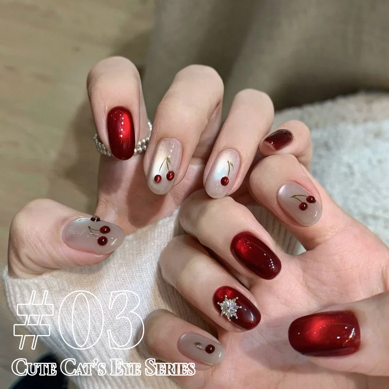 12ML2025 가을 & 겨울 신상품 애완동물 테마 캣 아이 젤 폴리시 체리 루비 새틴 포슬린 화이트 글라스 비드 크리스탈 브라이트닝 네일