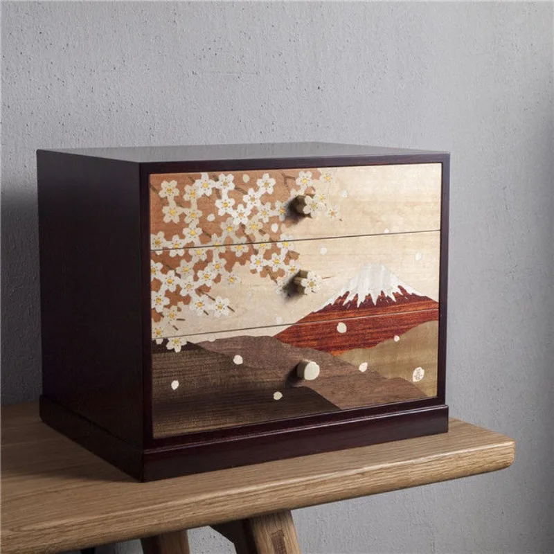 

Solid wood inlaid Japanese retro, three-layer drawer type, storage and organization, desktop small chest