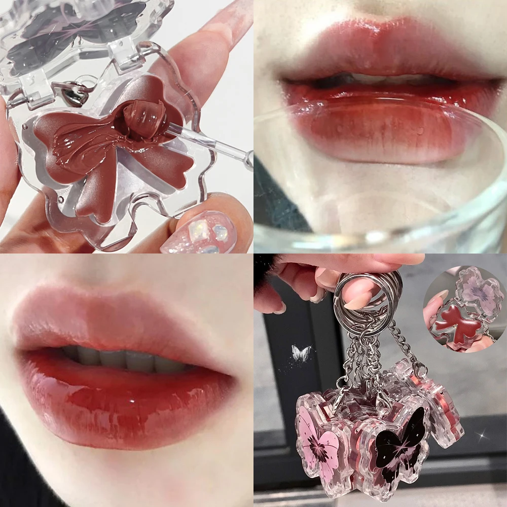 Butterfly Solid Lip Gloss Moisturizing Compact Lips Care Essential Dark Red Brown Mirror Lip Glaze Long-Lasting Lipstick Makeup