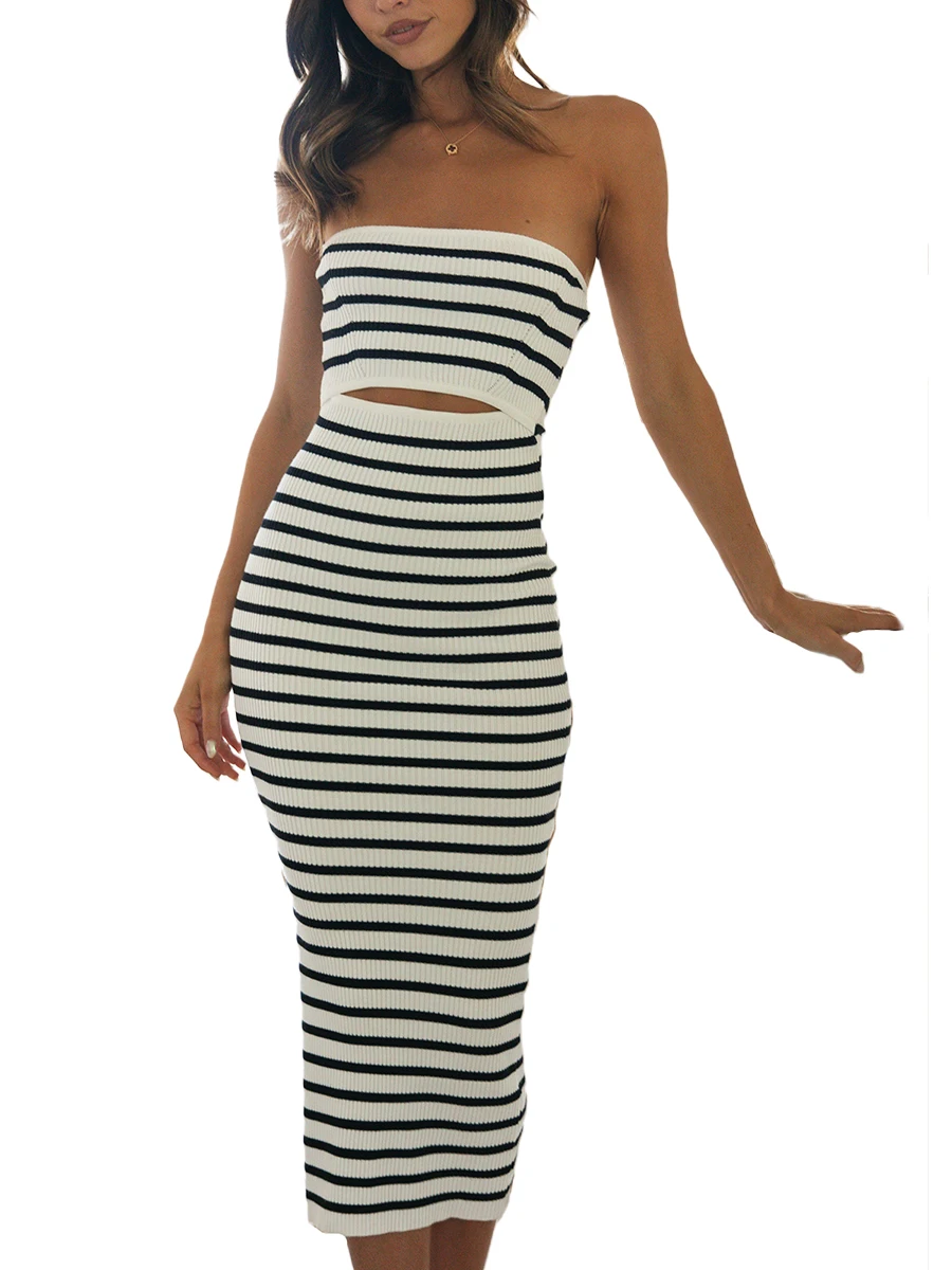 

Women Sleeveless Knitted Tube Maxi Dress Strapless Off Shoulder Cutout Knit Dress Sexy Striped Bodycon Long Dress