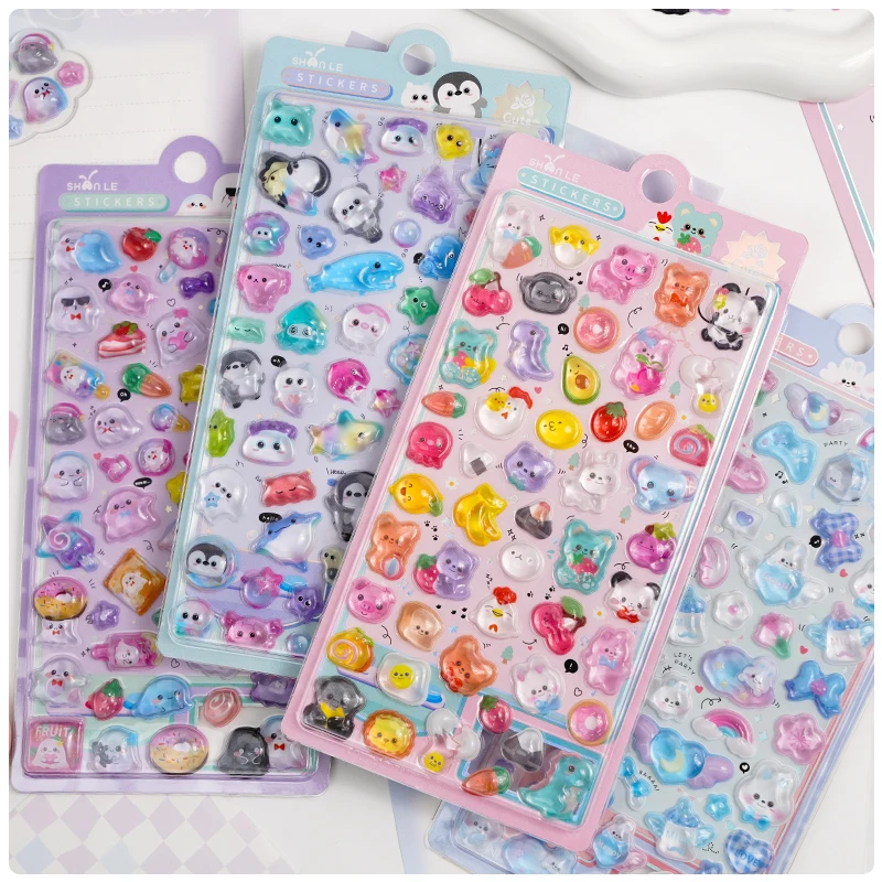 1 pc/4pcs Cartoon Sweet Animals Candy Color 3D Relief Stickers Scrapbooking Diy Journal Cute Stationery Sticker School Gift
