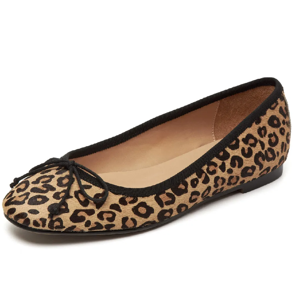 Ballerine slip-on con bordi in crine di leopardo da donna punta tonda dolce papillon ballerine morbide e comode scarpe casual quotidiane