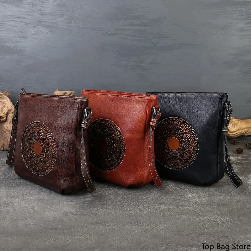 Vintage Everyday Mini Shoulder Bag for Women Top Grain Leather Embossed Adjustable Strap Interior Organizer Multiple Pockets