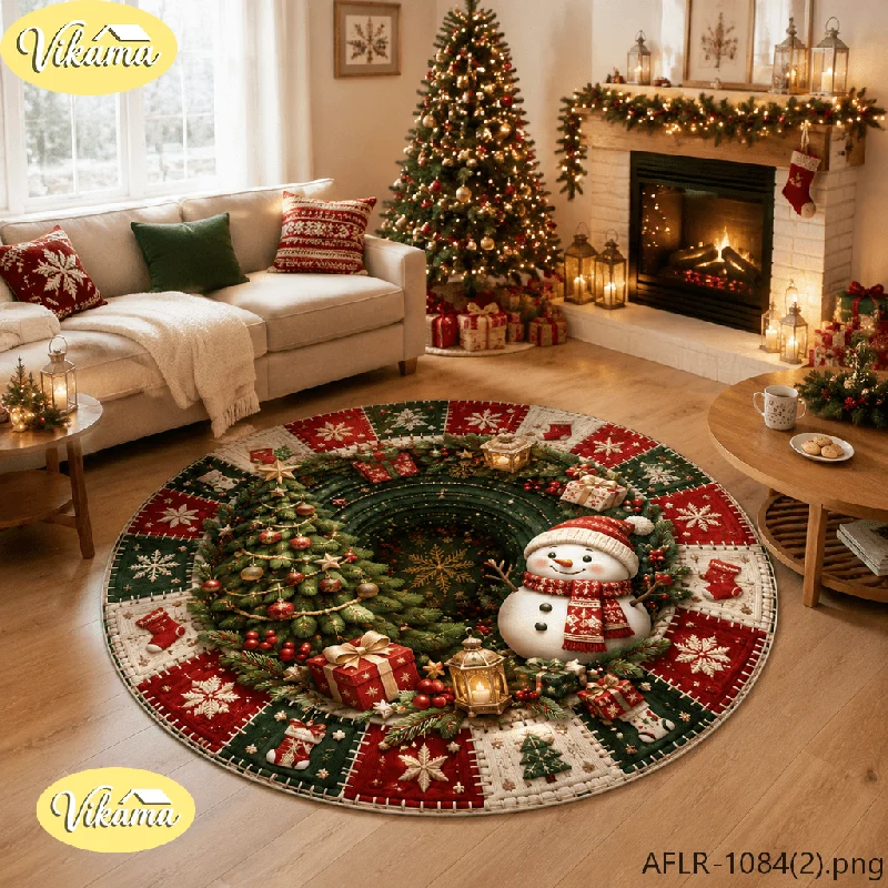 VIKAMA Christmas Jingle Bell 3D Embossed Round Area Rug Anti Slip Absorbent Floor Mat for Kitchen Office Holiday Home Decor