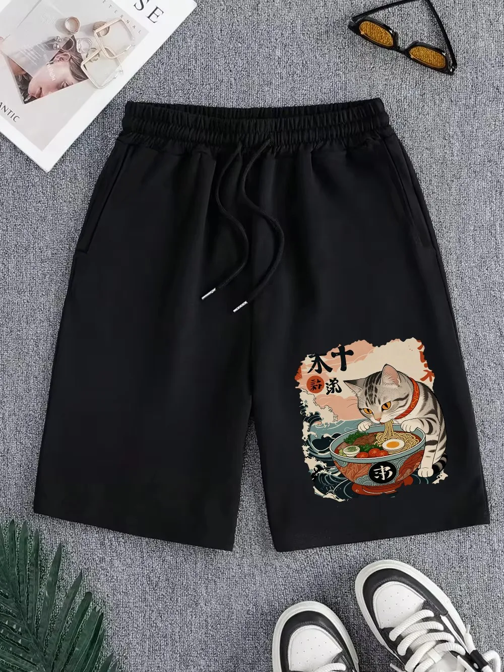 

A Cat That Likes To Eat Noodles Pants Mens Basics High Waisted Wide Sporty Shorts Summer Oversized Shorts Casual Pocket Clothes