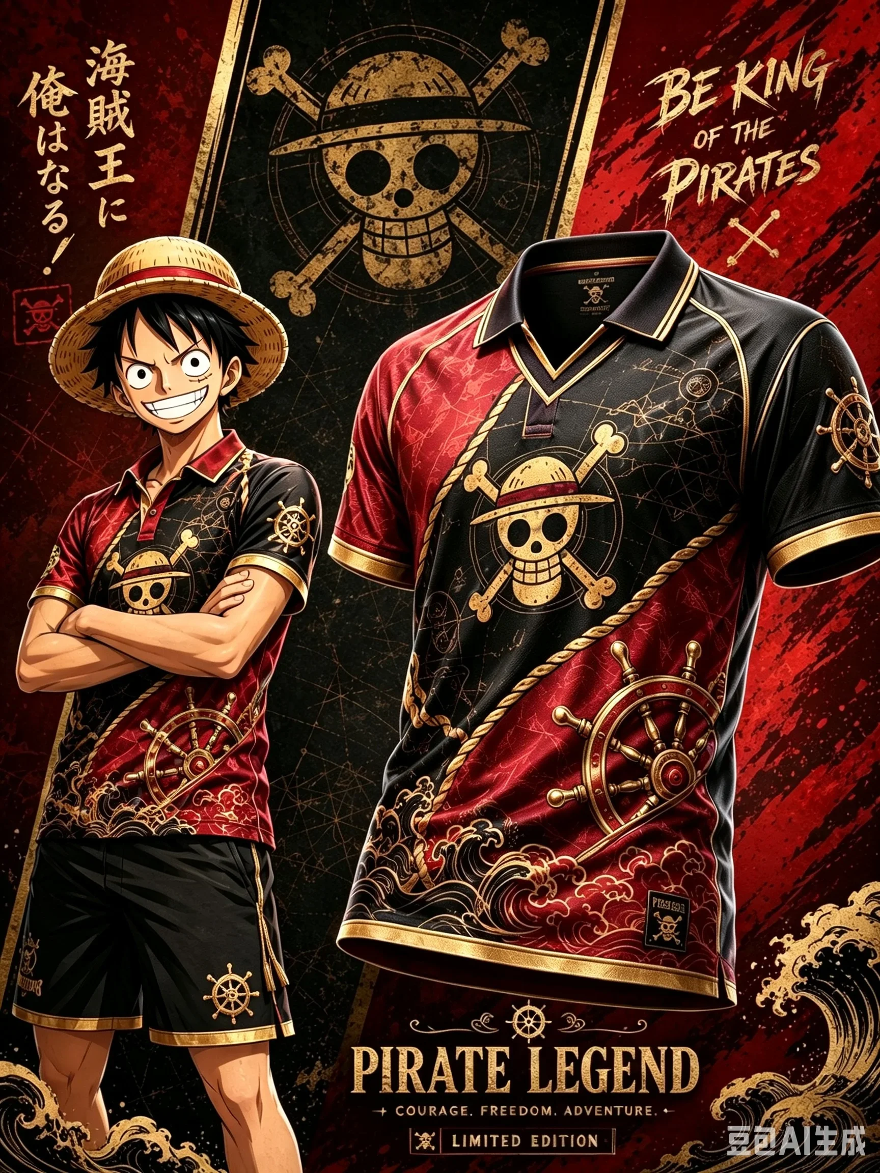 2026_27 Neues One Piece Luffy Series Fußballtrikot mit Kragen, Modisches Streetwear für Männer und Frauen, Unisex Anime Sportbekleidung, Familien-Partnerlook – Detail 9