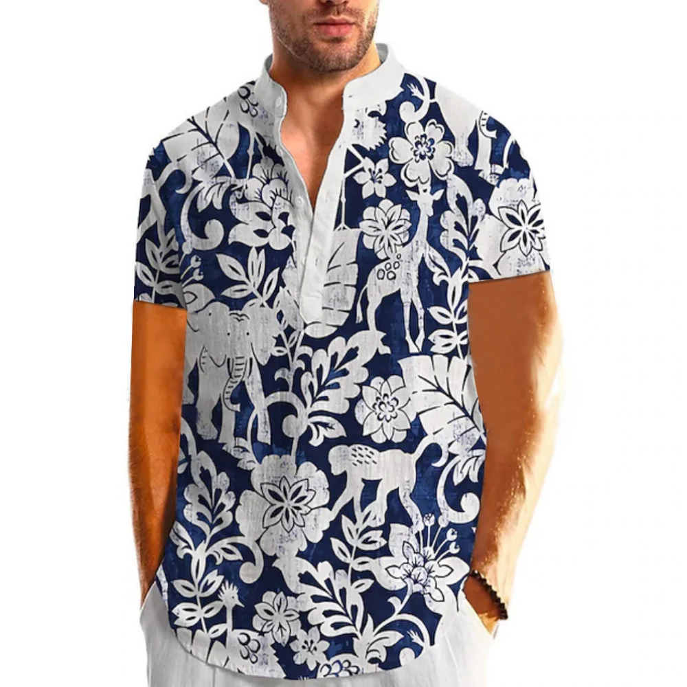 

New 3d Flower Printed Shirt For Men Short Sleeve Tops Fashion Designer Apparel Oversized Summer Clothe Hawaiian Men Henley Shirt