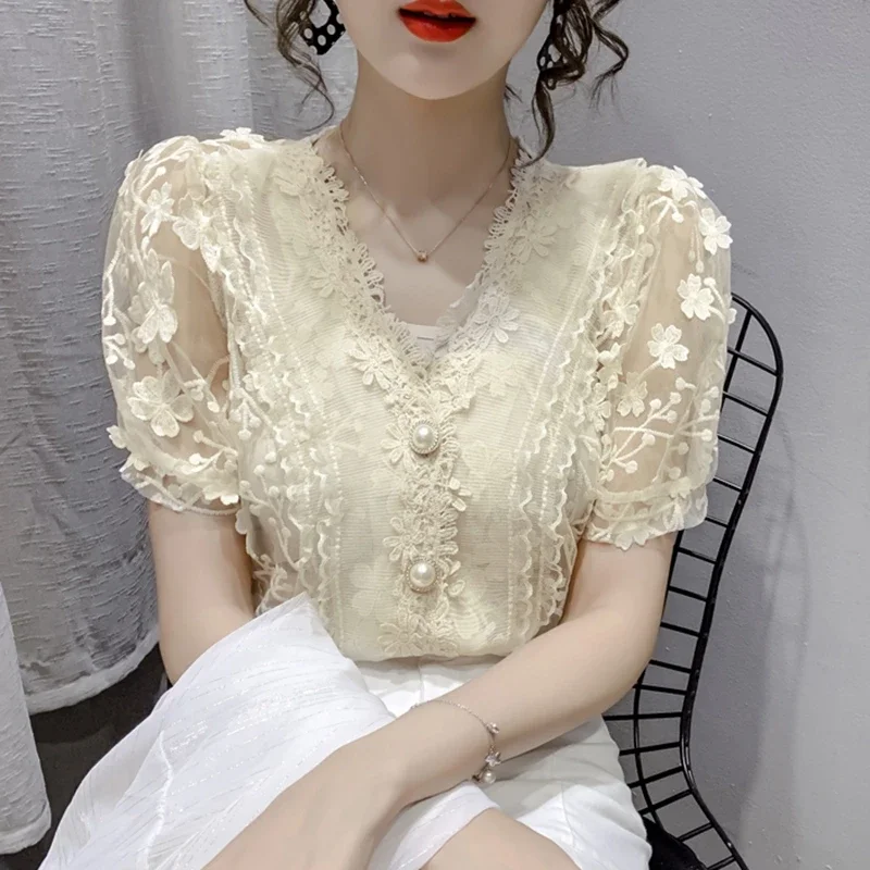 Vintage Lace Blouses Womens 2024 Summer Fashion Elegant White Blusas Mujer Casual V Neck See Through Sexy Puff Sleeve Y2k Tops