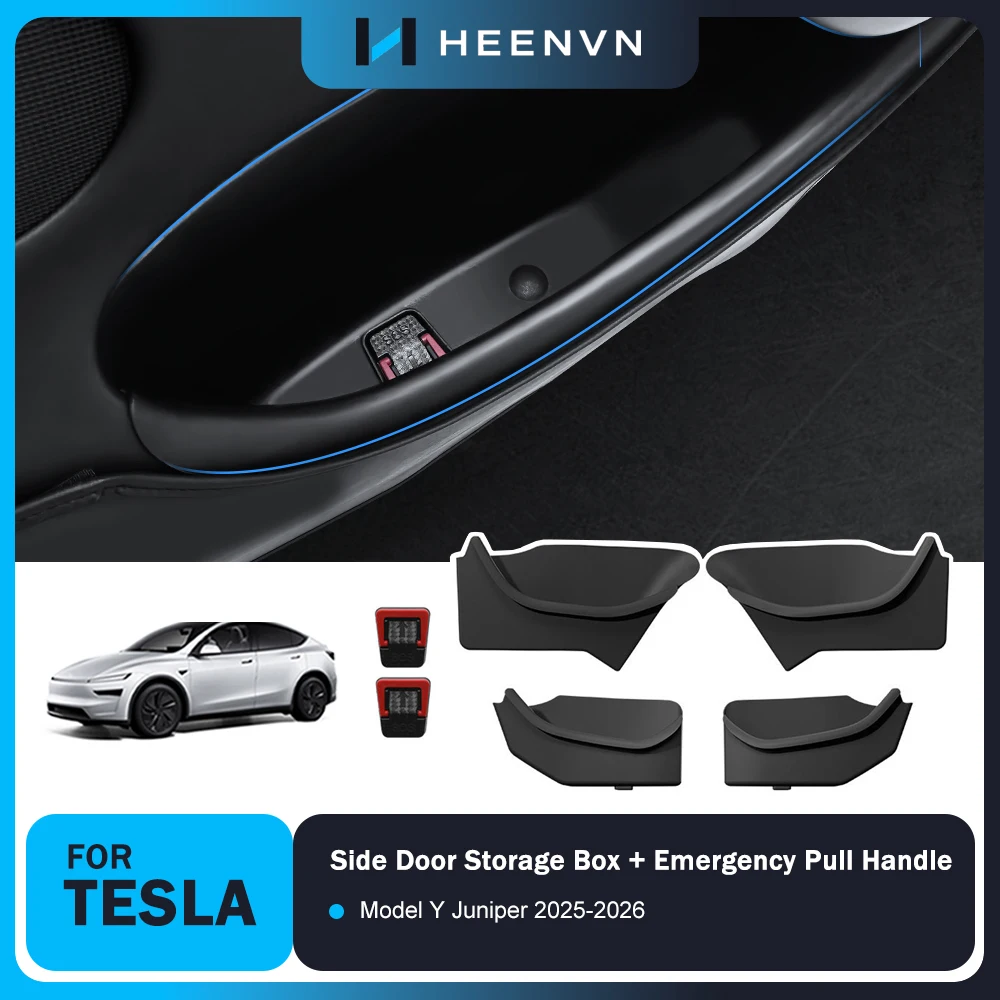 Heenvn Car Storage Box For Tesla Model Y Juniper 2025 2026 TPE Front Rear Door Side Storage Organizer Emergency Pull Handle