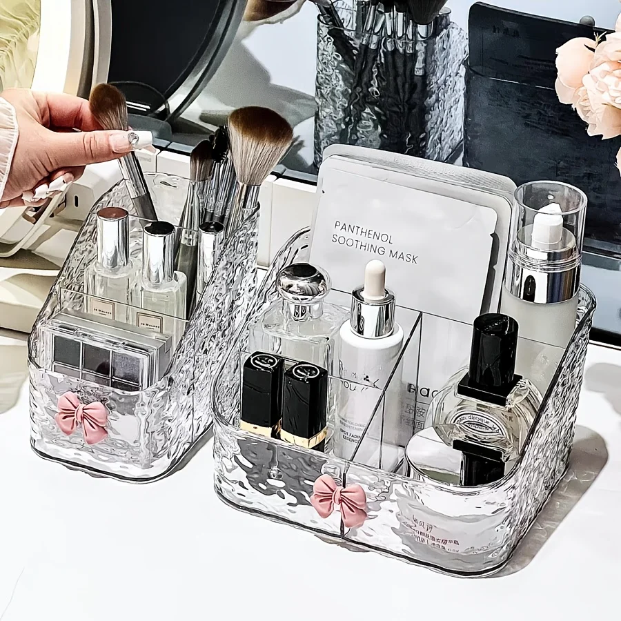 High-End Transparent Storage Box,Wavy Bow Patterned Desktop Stationery Organizer,Portable Multi Compartment Storage Rack.