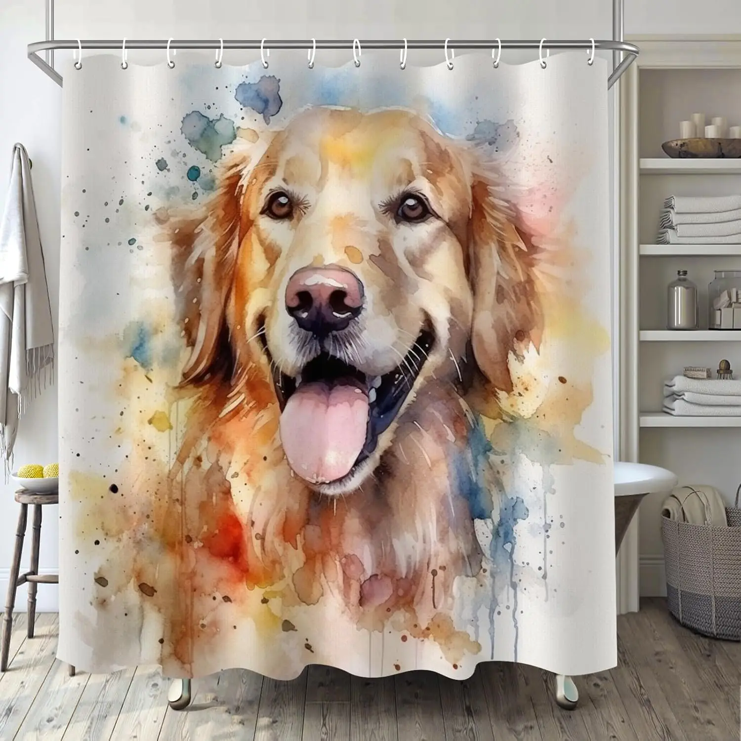 Golden Retriever Shower Curtain for Bathroom, Dog Paint Spatter Watercolour Boho Shower Curtain Set, Abstract Fabric Modern