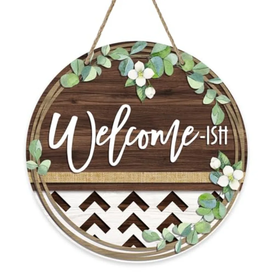 Welcome-ISH Spring Summer Front Door Sign, Leaves Farm Wood Door Hanger Outdoor Outside Porch Decor, Farmhouse Home Rustic Wood