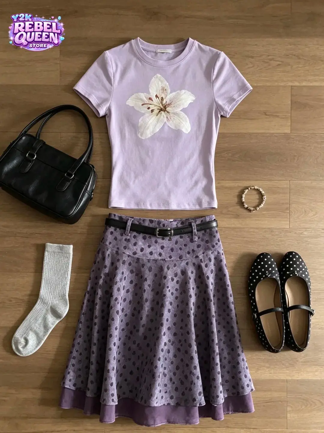 Coquette Vintage American 2 Piece Set Women Purple Lily Graphic Short Sleeve Crop T Shirt High Waist Polka Dot Double Layered
