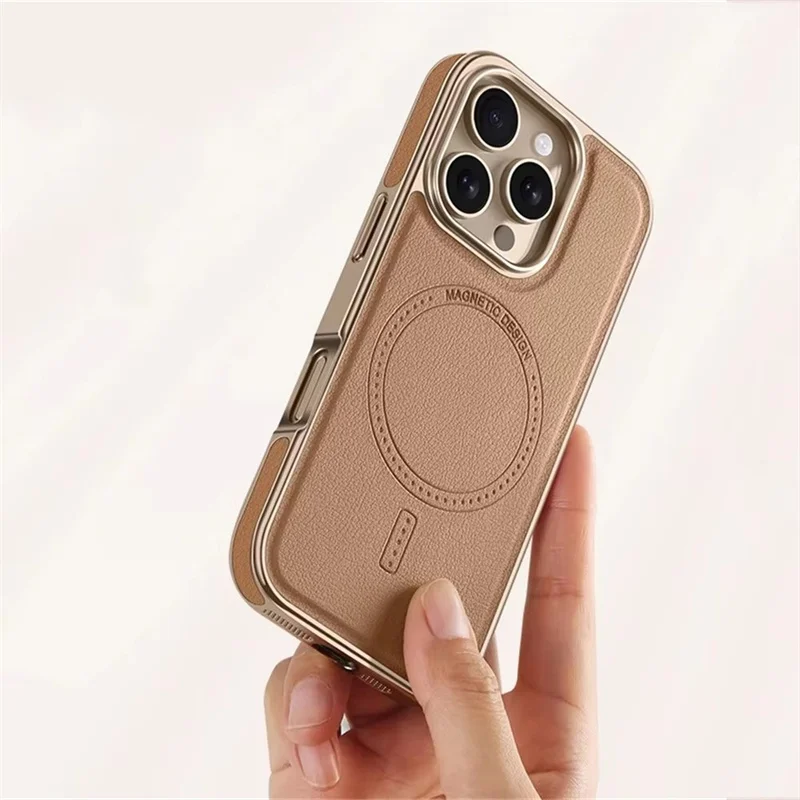 Luxuriöse Plating-Rahmen PU-Lederhülle für iPhone 13 14 15 16 17 18 Pro Max mit Magsafe Magnetischer Drahtloser Ladefunktion Stoßfeste Abdeckung – Detail 5