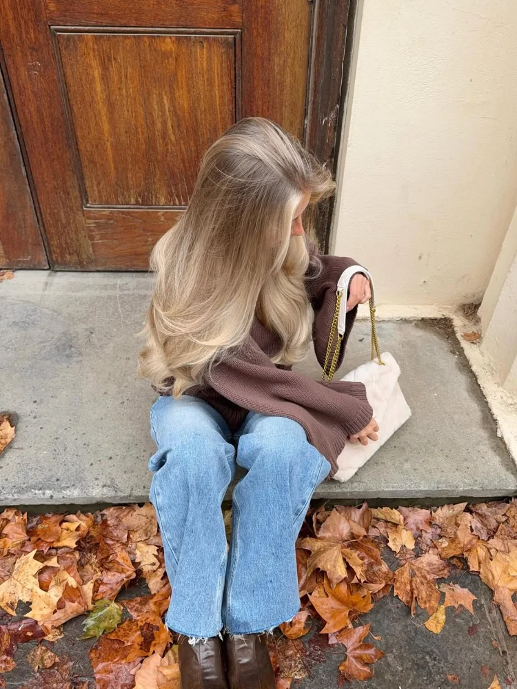 

Women Turtleneck Kintted Pullover Casual Brown Long Sleeve High Collar Wide Loose Pullovers Women Daily Commute Office Sweater