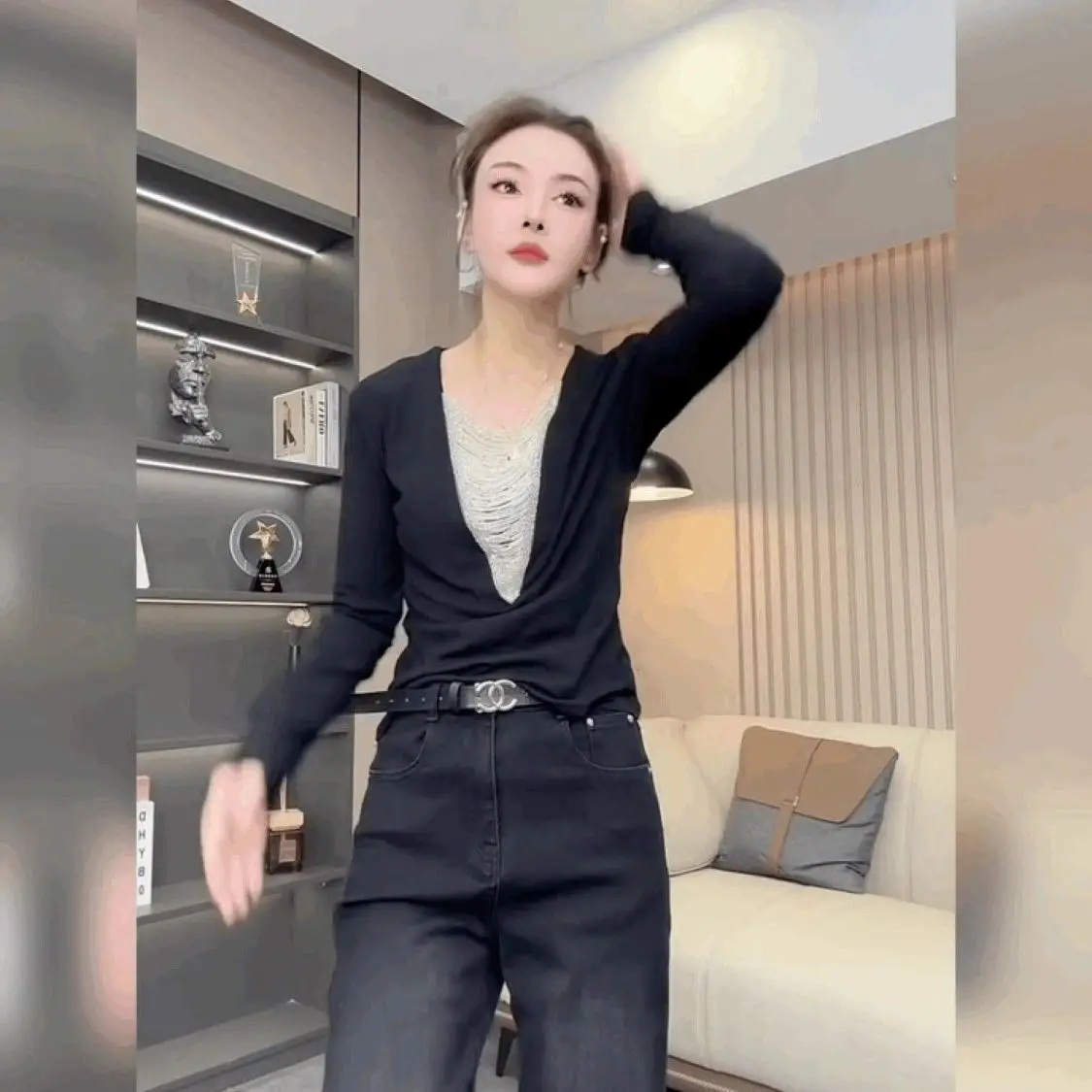 Women's Long-Sleeve Blouse - V-Neck with Sequin Detail Padded Shoulders