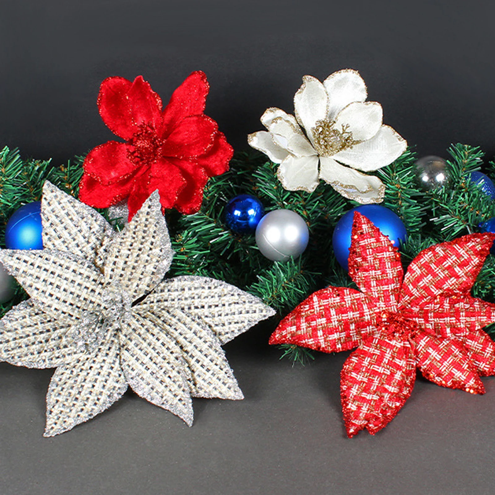 Christmas Flower Gift Home Decoration Cloth Iron Wire Simulation Party Supplies 1PC DIY Three Layers Artificial Flowers