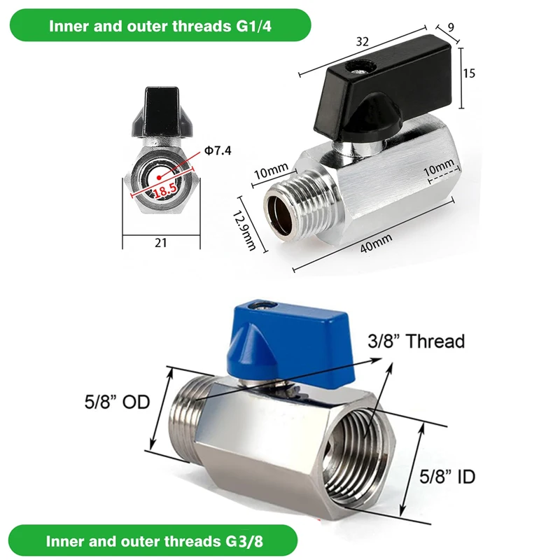 Brass Mini Ball Valve 1/4 and 3/8 Female X Male Shut-Off Valve Switch Control for Water Pumps Tanks Outdoor Faucet Air