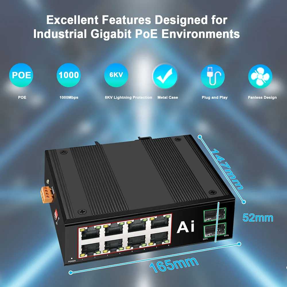 Industrial Ethernet Switch Gigabit POE Industrial Switch Network 6/10 Port 10/100/1000Base-T DIN IP40 Outdoor Network Switch