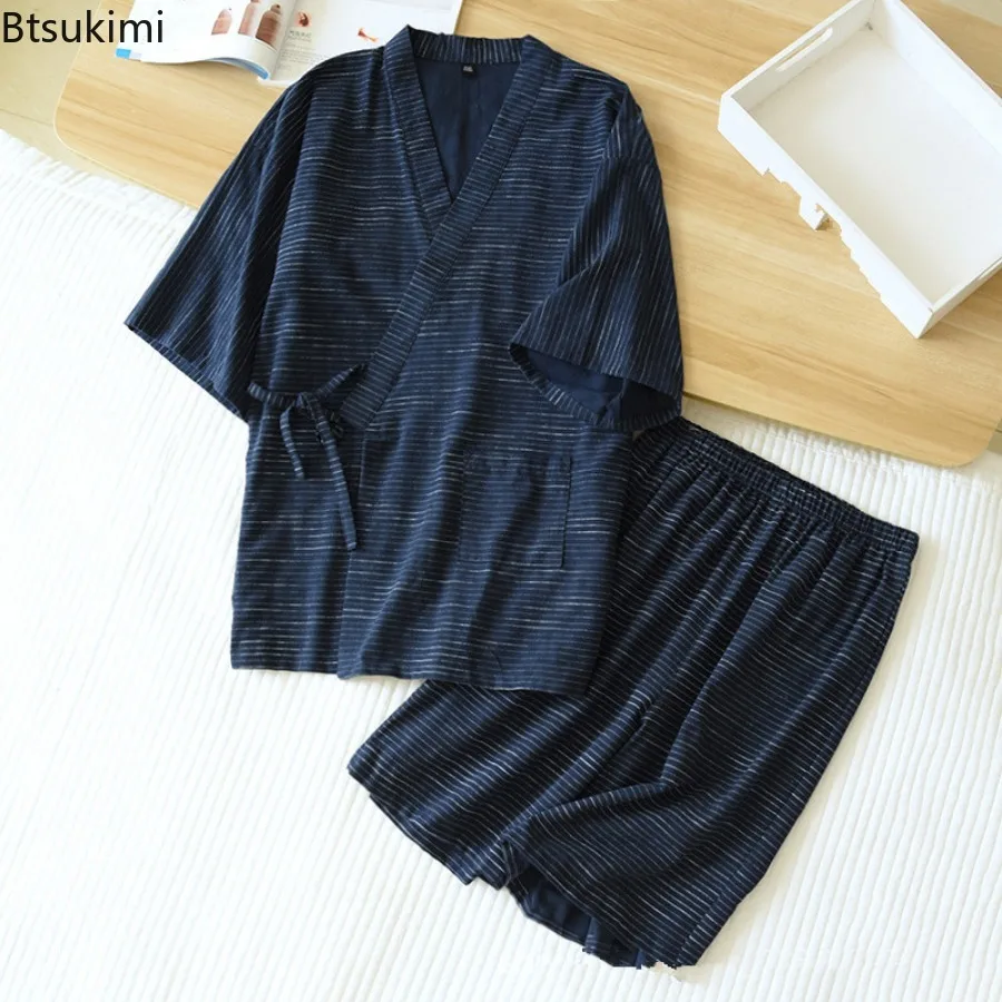 2024 Japanese Kimono Pajama Sets Men's Stripe Jacquard Loose 100% Cotton Short Sleeve Lace-up Tops+Shorts Home Sleepwear Outfits