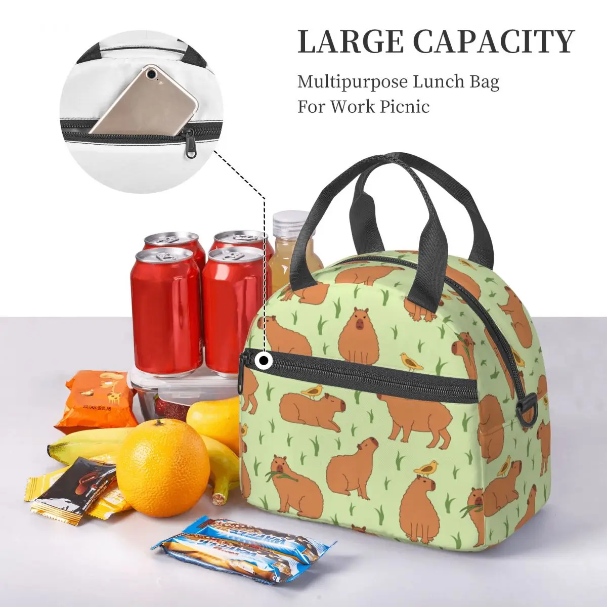 Capybara Seamless Pattern Insulated Lunch Bag With Adjustable Shoulder Strap Cute Food Container Bags Reusable Cooler Lunch Box