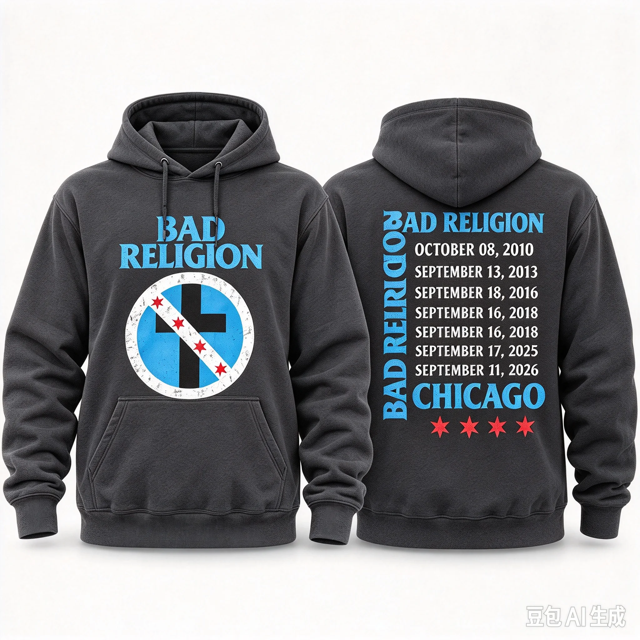 Bad Religion Riot Fest Chicago Pullover Hoodie, Two Sided Print, Punk Band Concert Dates Graphic, Unisex Music Fan Sweatshirt