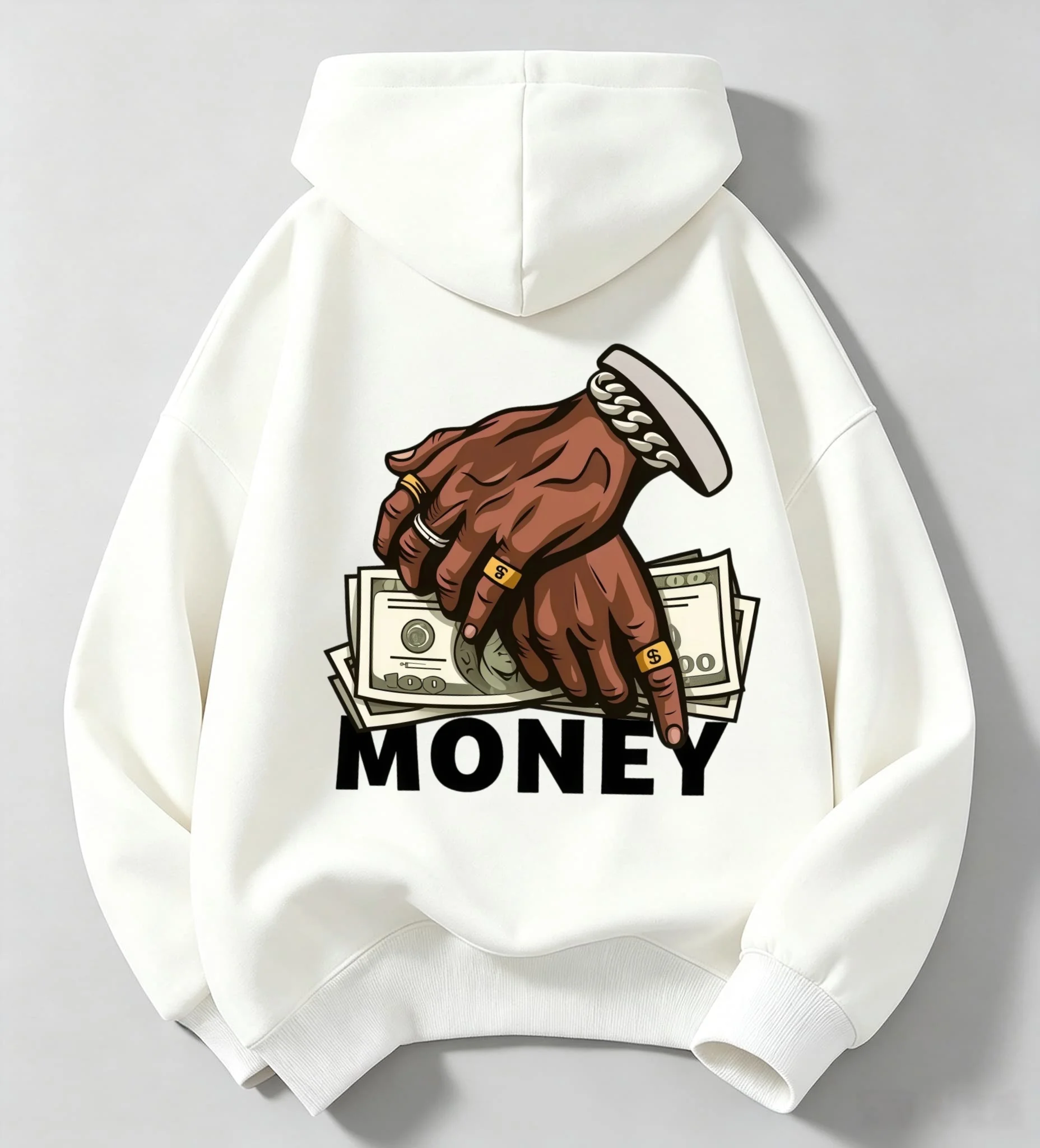 Y2K street style kids' hooded sweatshirt with money-handprint US dollar print and loose fit for teenagers' pullover hoodie