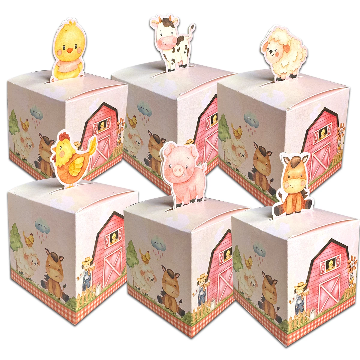 6pcs Farmland Animal Candy Boxes Carton Horse/Cow/Pig Shape Cookie Boxes for Kids Happy Birthday Party Decor Sweets Packagings