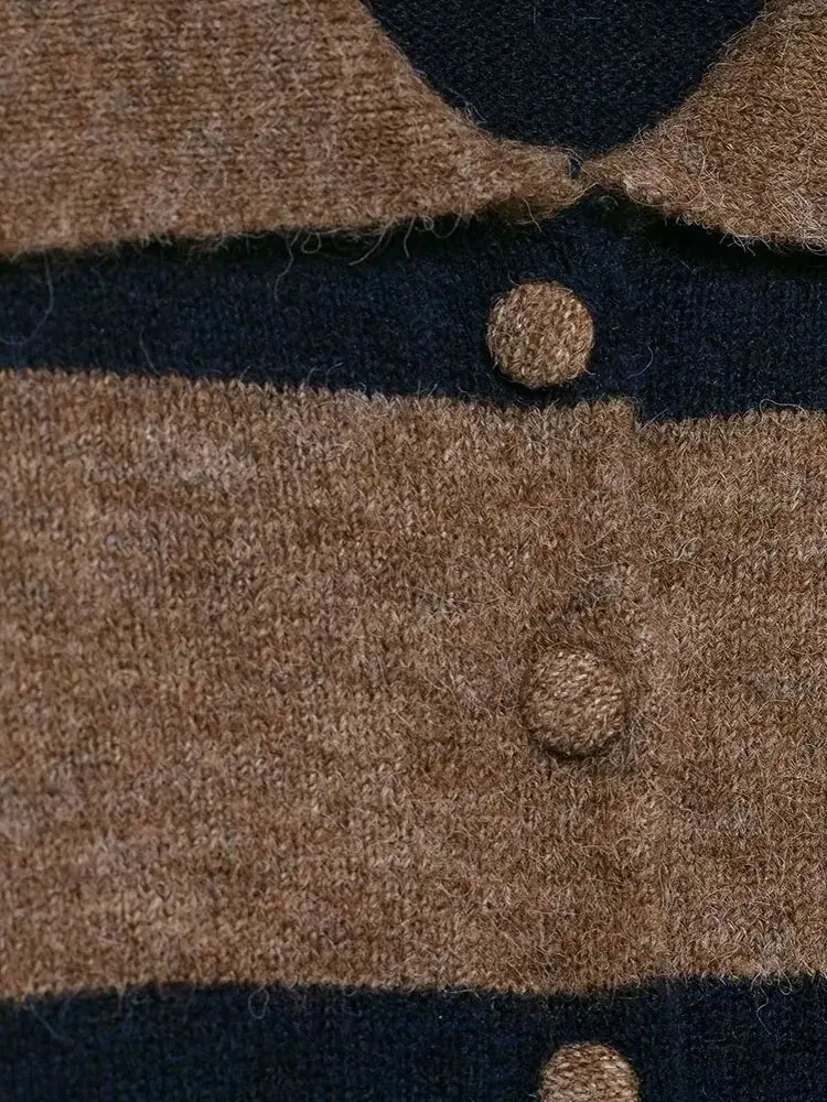 

HH Women's Fashion Striped Knitted Cardigan Coat Female High Street Chic Long Sleeve POLO Collar Single Breasted Short Jacket