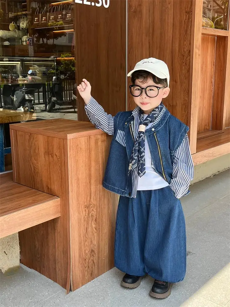 3 PCS set Autumn Spring Boy set TShirt+Loose Harem Pants +Blue Denim Vest Kid Children baby Gentleman Handsome Streetwear Clothe