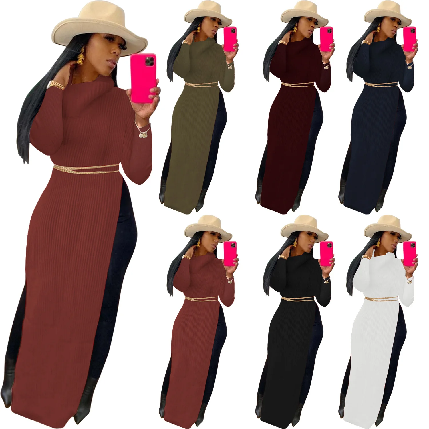 Female Ribbing Pit Strips Long Casual Fall 5XL Solid High Collar Slim Fit Slimming Knitted Dress Sweater Sexy Split Maxi Dresses