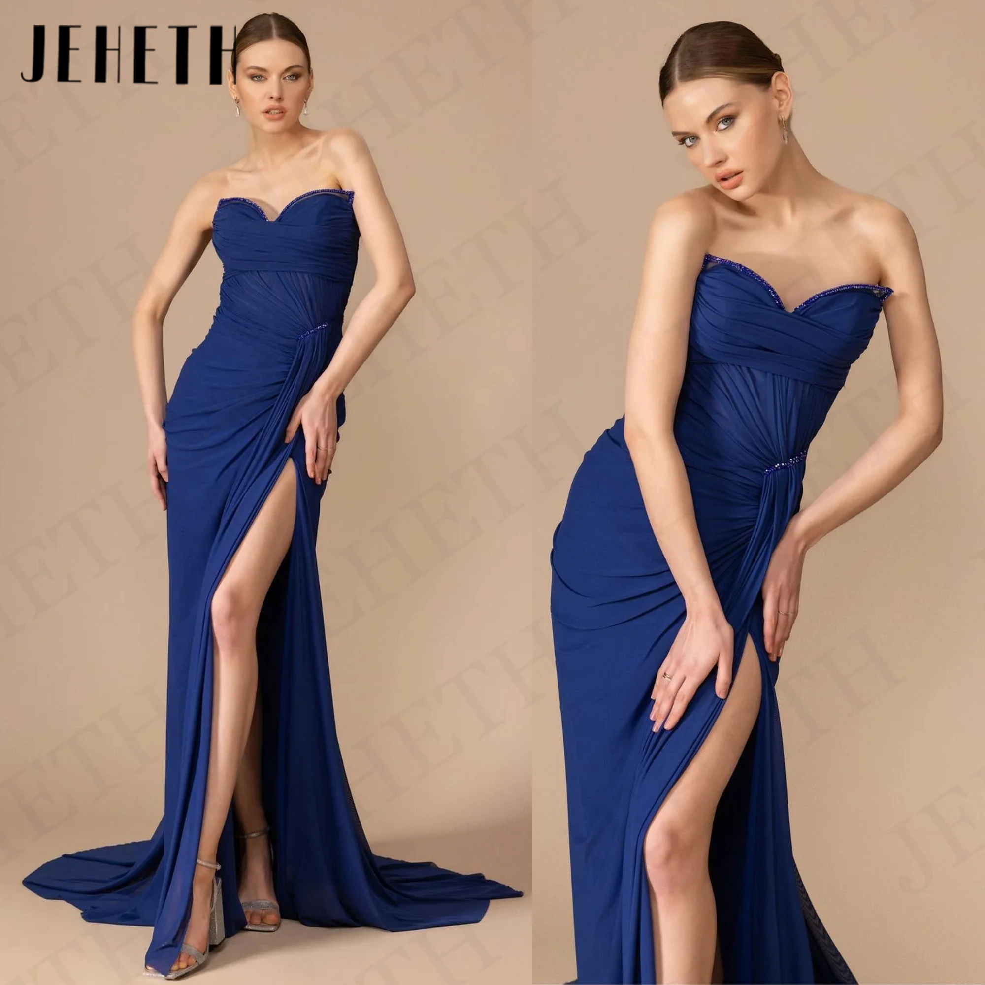 

Сексуальные вечерние платья JEHETH с разрезом, женское платье для свадебной вечеринки, женское платье с открытой спиной Сексуальные вечерние платья с разрезом Русалка Королевский синий без бретелек шифон Pleats свадеб