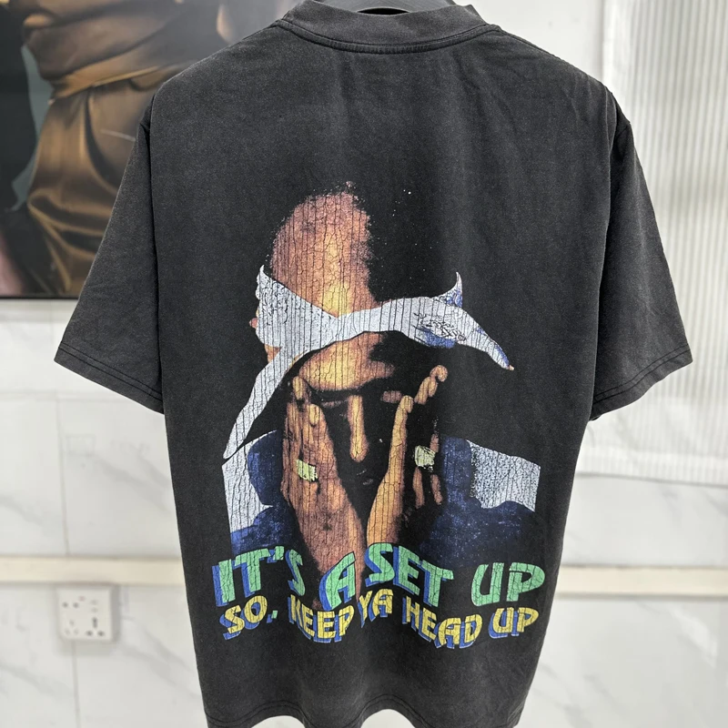 عالية الجودة غسلها تفعل القديمة جولة الرقبة توباك قصيرة الأكمام شارع العليا الاتجاه الرجال النساء فضفاض صورة طباعة 2PAC تي شيرت #2