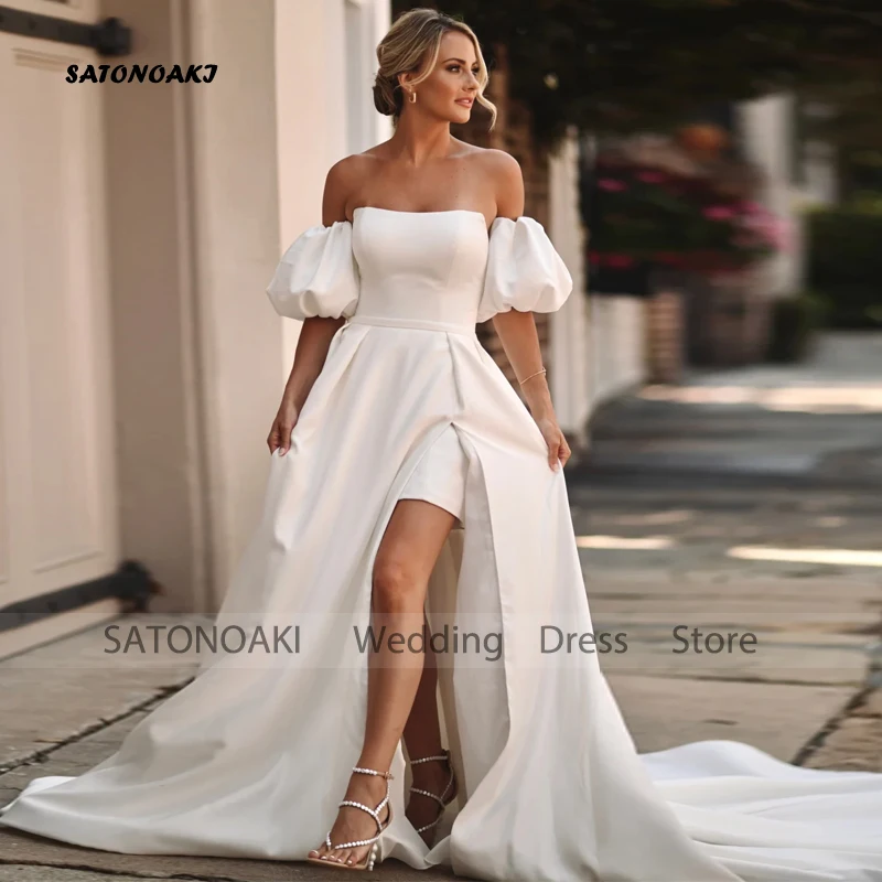 

Customized Elegant Sweetheart Detachable Train Satin Short Wedding Dress for Women Puff Sleeves Bride Gown Vestidos De Novia