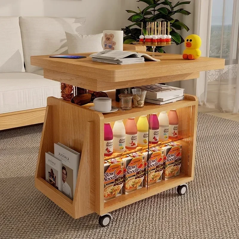 Foldable solid wood coffee table mobile lifting dining table tea cabinet multi-functional tea cart