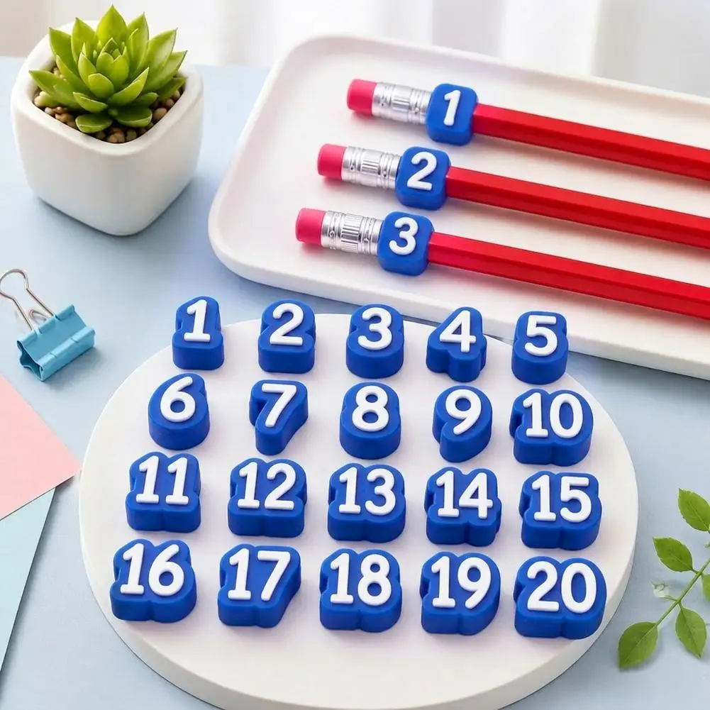 20x Numbered Pencil Caps Reusable Classroom Pencil Labels for Teachers, Pencil Tracking Markers for Supply Stations and School