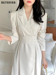 BGTEEVER Elegant Notched Collar Solid Suit Dress Women Spring Autumn Long Sleeve Belted Slim Waist A-line Dress Female