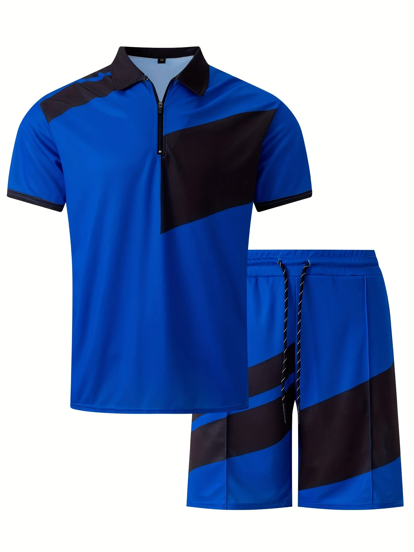 2-piece Men's Color Blocked Summer Outfit Set Zip Short Sleeve Golf Shirt Elastic Waist Drawstring Shorts Fashion Clothing Suits