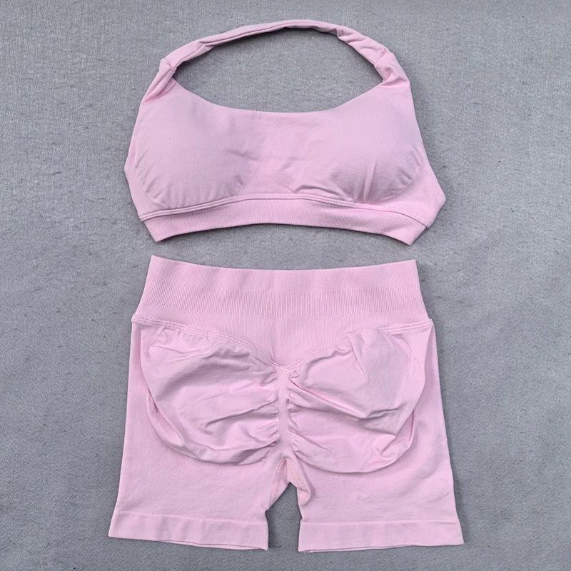Shorts Set 2 Pieces Seamless Yoga Set Workout Tracksuit Women Halter Sport Bra And Low Waist Scrunch Bum Gym Shorts Suits image 5