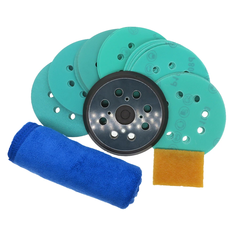 5 Inch 8 Holes Polyester Film Sandpaper Hook and Loop Sanding Disc Abrasive Polishing Tools 33 Pcs Aluminum Oxide Green Grinding